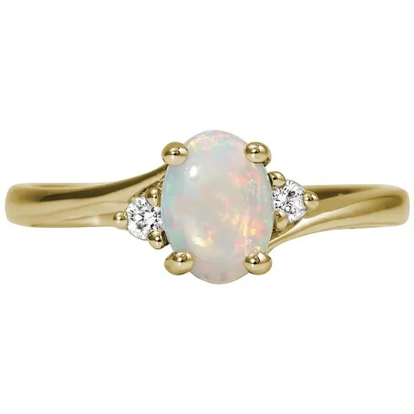 14K Yellow Gold Ring with an Oval Opal and Two Round Diamonds. JWR Jewelers Athens, GA