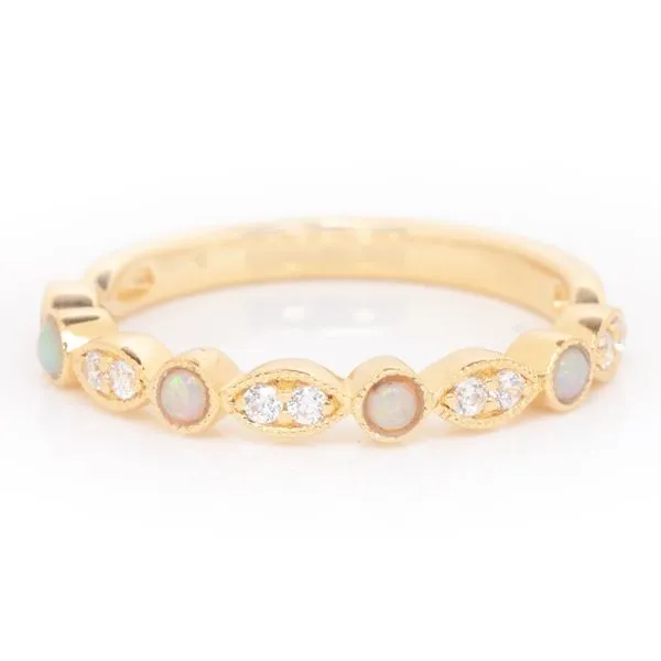 14K Yellow Gold Stackable Ring with Four Round Opals and Ten Round Diamonds. JWR Jewelers Athens, GA