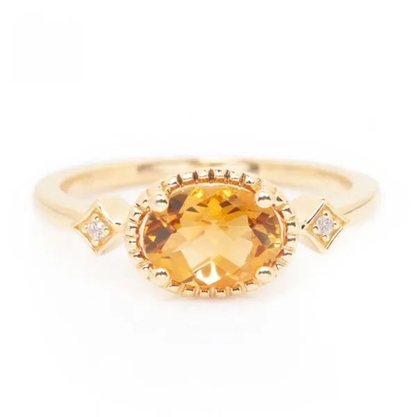 14K Yellow Gold Ring that features an East-West Oval Citrine accented by Two Round Diamonds JWR Jewelers Athens, GA