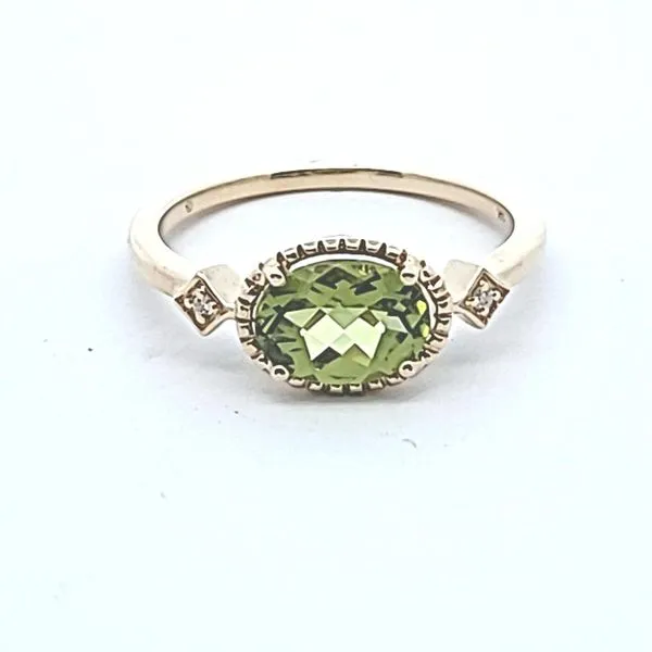 14K Yellow Gold Ring with an East-West Oval Peridot accented by Two Round Diamonds. JWR Jewelers Athens, GA