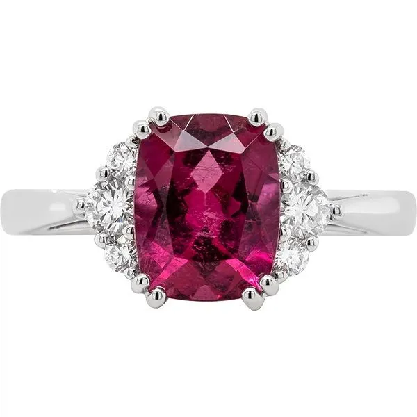 14K White Gold Ring with a Cushion Rubellite and Six Round Accent Diamonds. JWR Jewelers Athens, GA