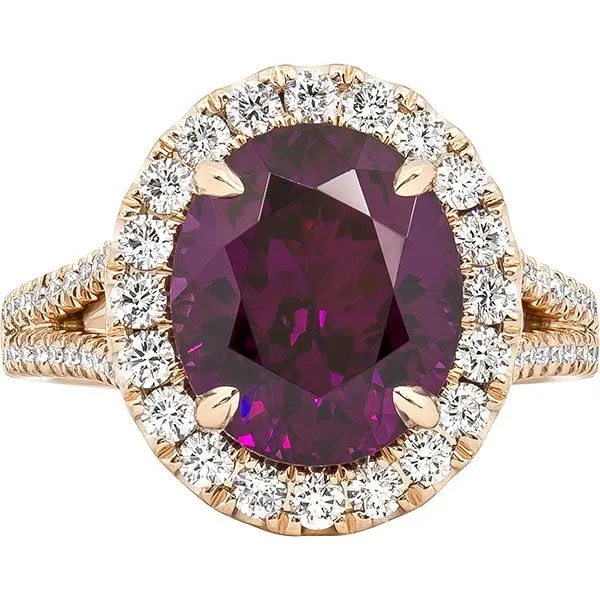 14K Rose Gold Ring with an Oval Rhodolite Garnet accented by Sixty-Eight Round Diamonds. JWR Jewelers Athens, GA