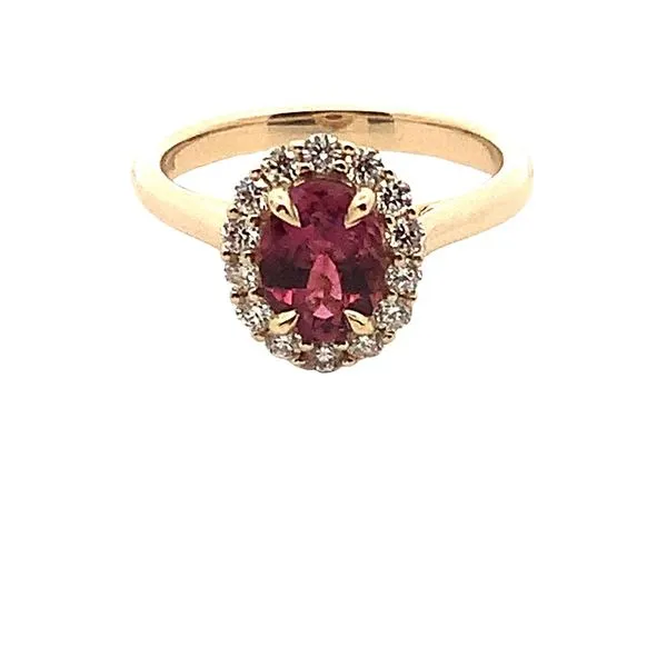 14K Yellow Gold Ring with an Oval Pink Tourmaline surrounded by Fourteen Round Diamonds. JWR Jewelers Athens, GA