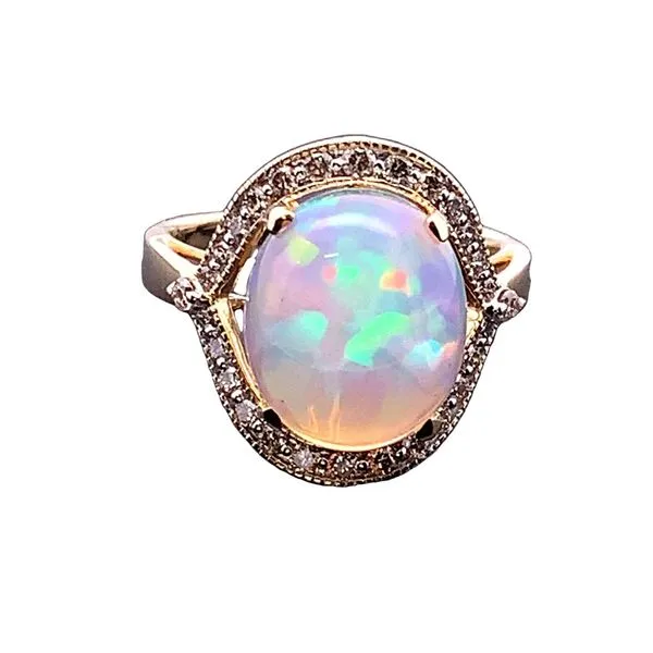 14K Yellow Gold Ring with an Oval Opal weighing 5.28 carats accented by Twenty-Eight Round Diamonds with a Total Weight of 0.38 carats. JWR Jewelers Athens, GA