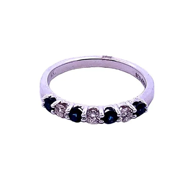 14K White Gold Band with Four Round Sapphires and Three Round Diamonds. JWR Jewelers Athens, GA
