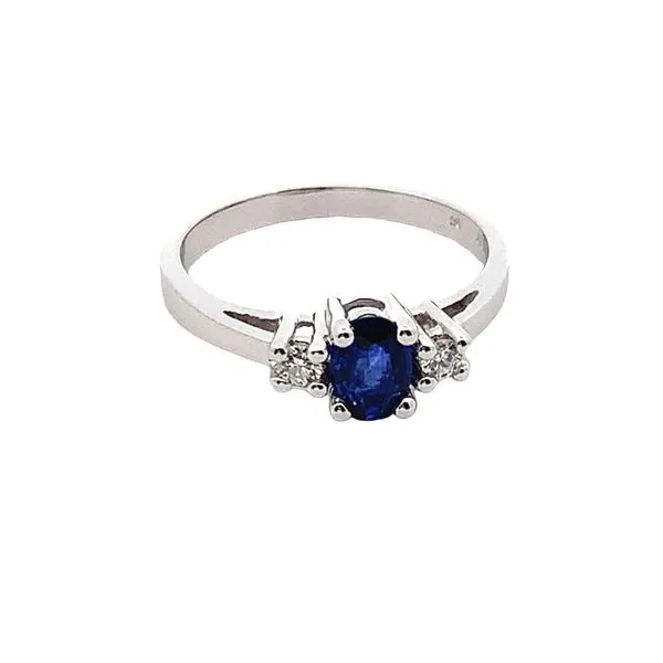 14K White Gold Ring containing One Oval Blue Sapphire with a Smaller Round Diamond on Each Side. JWR Jewelers Athens, GA