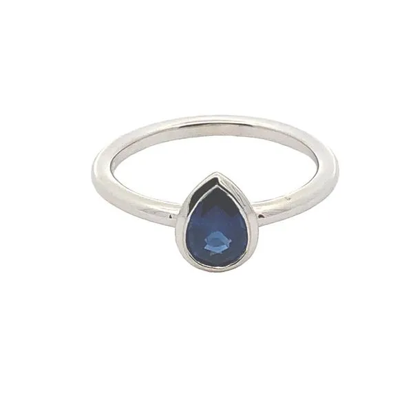 14K White Gold Ring with a Bezel-Set Pear Shaped Blue Sapphire. JWR Jewelers Athens, GA