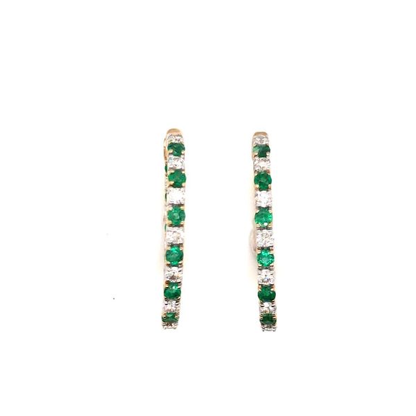 Yellow Gold Emerald and Diamond Hoop Earrings JWR Jewelers Athens, GA