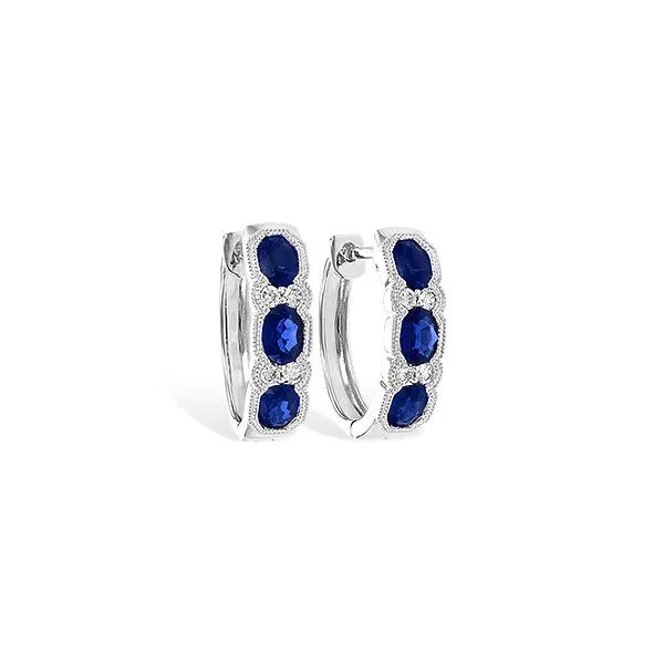 14K White Gold Blue Sapphire and Diamond Hoop Earrings. JWR Jewelers Athens, GA