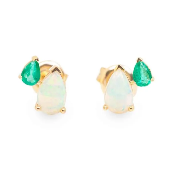 14K Yellow Gold Earrings with a Pear Shaped Opal and Emerald JWR Jewelers Athens, GA