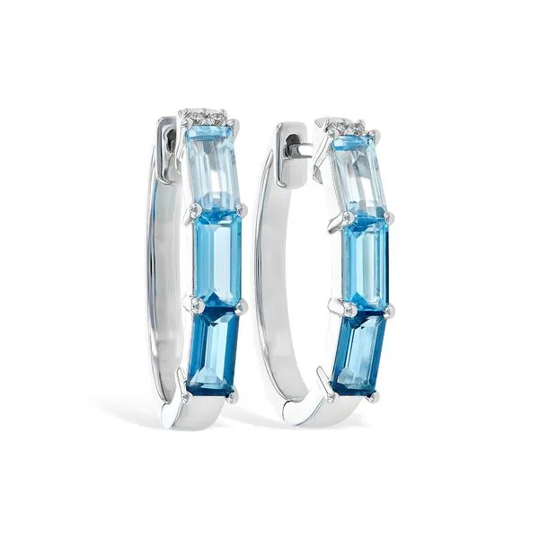 14K White Gold Hoop Earrings with Three Blue Topaz Stones (Sky, Swiss, London colors) and Two Diamond Accent Stones JWR Jewelers Athens, GA