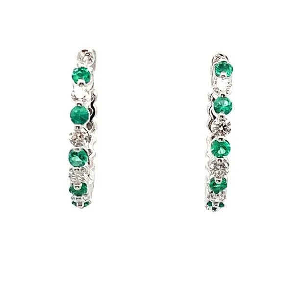 14K White Gold Hoop Earrings that each contain Five Round alternating Emeralds and Diamonds. JWR Jewelers Athens, GA