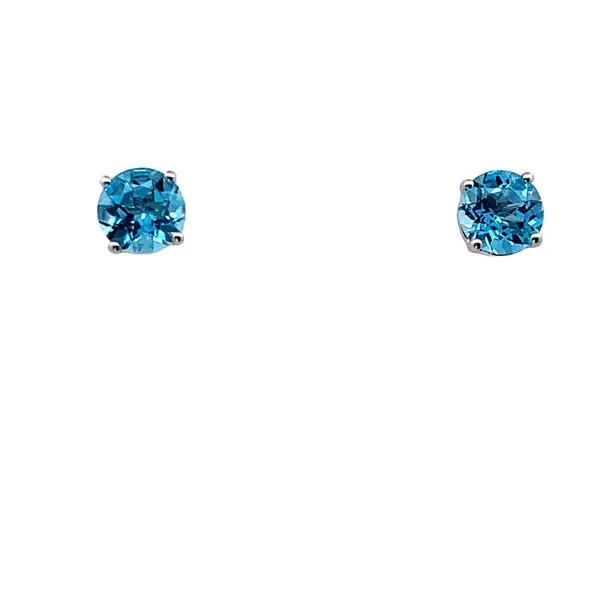 14K White Gold Stud Earrings containing One Round Six Millimeter Wide Blue Topaz. JWR Jewelers Athens, GA
