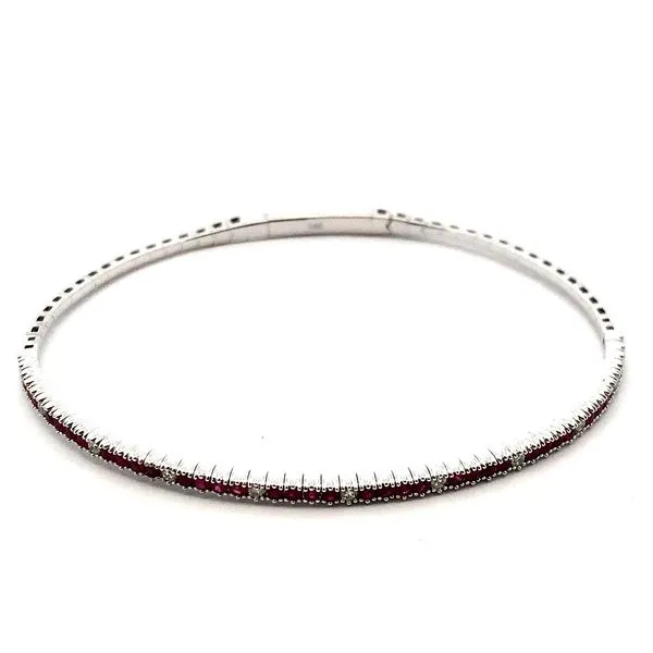 14K White Gold Ruby and Diamond Flexible Bangle Bracelet with Forty Round Rubies and Ten Round Diamonds. JWR Jewelers Athens, GA