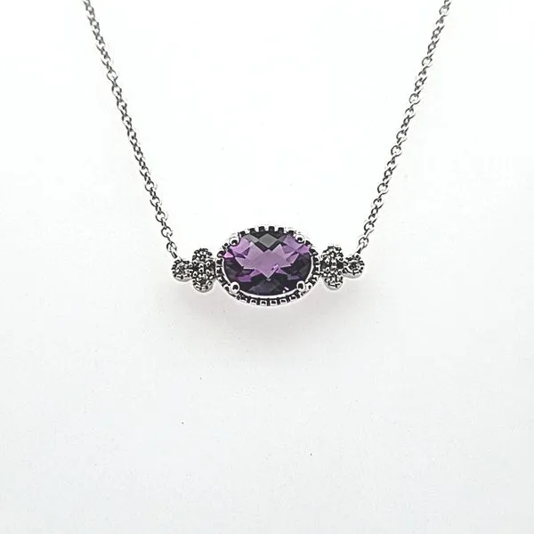 14K White Gold Eighteen Inch Necklace with an East-West set Oval Amethyst accented by Six Round Diamonds. JWR Jewelers Athens, GA