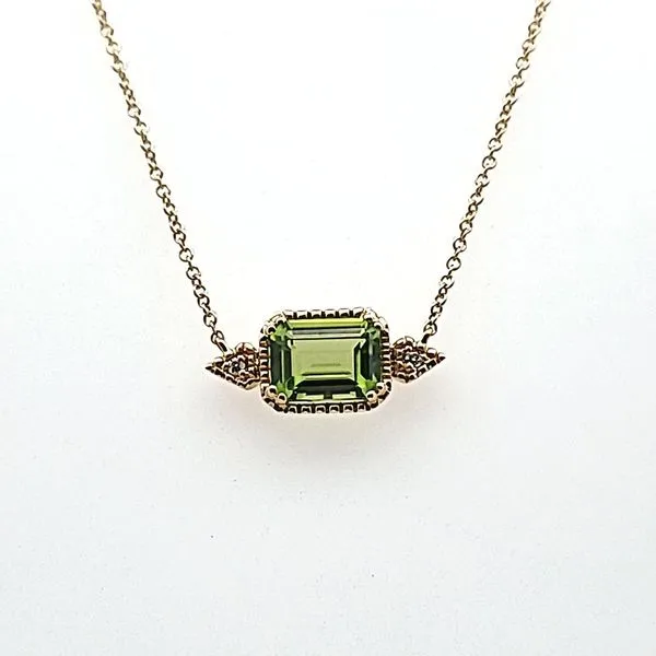 14K Yellow Gold Eighteen Inch Necklace with an East-West Emerald-Cut Peridot accented by Two Round Diamonds. JWR Jewelers Athens, GA