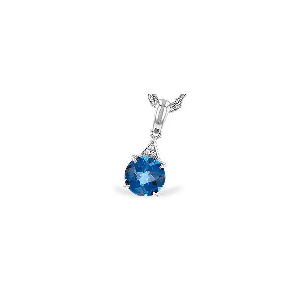 14K White Gold Eighteen Inch Necklace with a Pendant containing a Round London Blue Topaz and Three Round Accent Diamond. JWR Jewelers Athens, GA