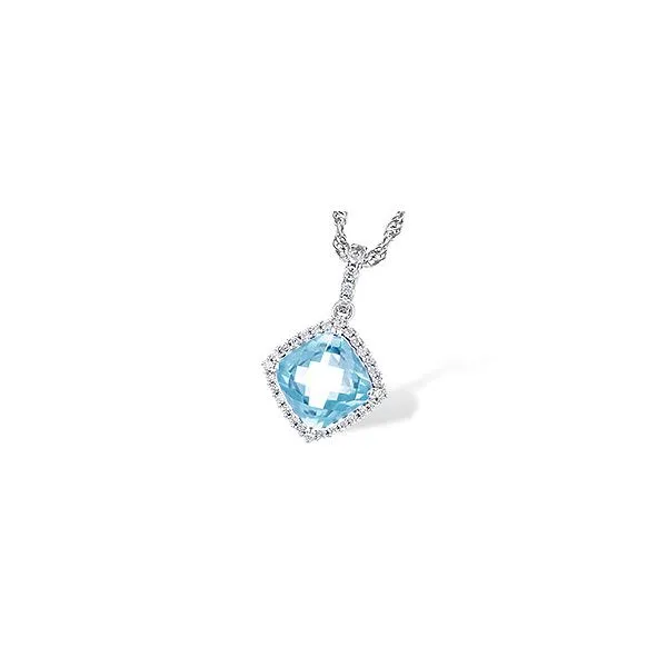 14K White Gold Eighteen Inch Necklace with a Cushion Shaped Aquamarine weighing 1.16 carats surrounded by Round Diamonds. JWR Jewelers Athens, GA