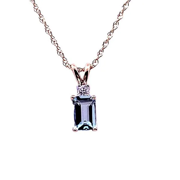 14K Yellow Gold Eighteen Inch Necklace with an Emerald Cut Aquamarine accented by a Round Diamond. JWR Jewelers Athens, GA