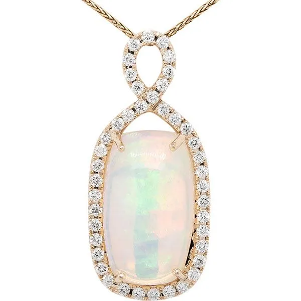 14K Yellow Gold Pendant with a Long Cushion Shaped Ethiopian Opal that is accented by Forty-Two Round Diamonds. JWR Jewelers Athens, GA