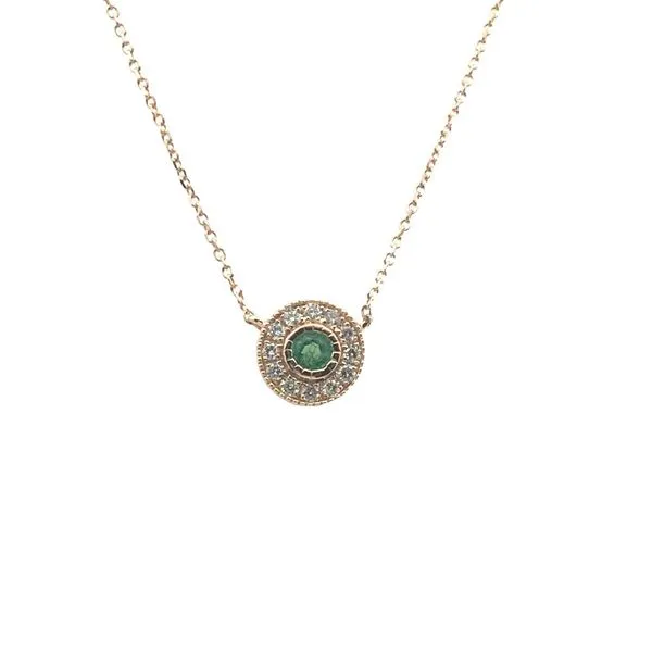 14K Yellow Gold Eighteen Inch Necklace with a Round Cluster Centerpiece featuring a Bezel-set Round Emerald surrounded by Twelve Round Diamonds. JWR Jewelers Athens, GA