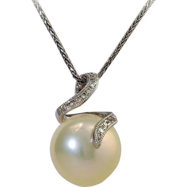 14K White Gold Necklace with a Button Pearl in a Swirl Pendant Design accented by Round Diamonds having a Total Weight of 0.08 carats. JWR Jewelers Athens, GA