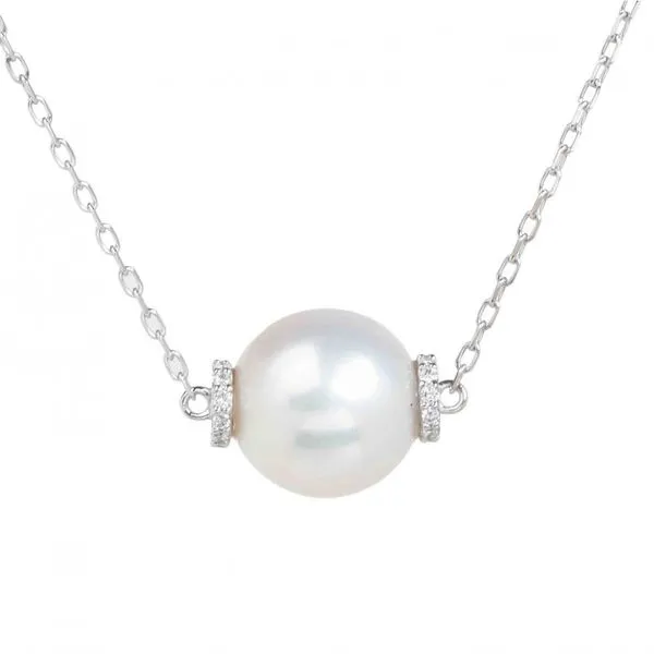 14K White Gold Eighteen Inch Necklace with a 10 millimeter Round Freshwater Pearl pendant accented by Fourteen Round Diamonds JWR Jewelers Athens, GA