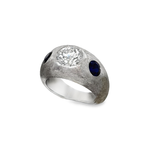 Estate Men's Ring in 14K White Gold with Lab Grown Diamond & Sapphires Image 2 Kevin's Fine Jewelry Totowa, NJ