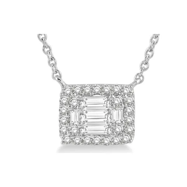14K White Gold Emerald Cut Cluster Halo Necklace With .35 Ct Twt. Diamonds Kevin's Fine Jewelry Totowa, NJ
