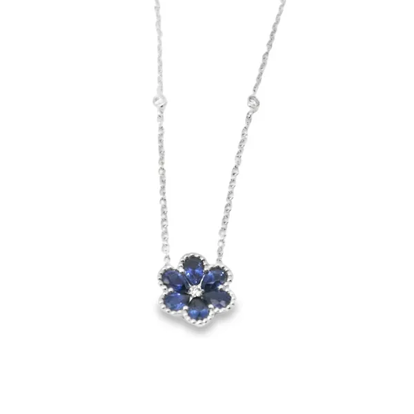 14K White Gold Sapphire Flower Necklace With .06 Ct Twt. Diamonds Kevin's Fine Jewelry Totowa, NJ