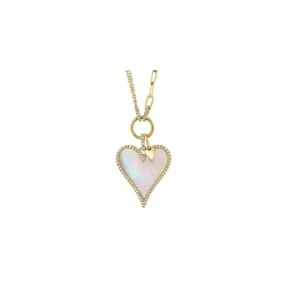 14K Yellow Gold M-O-P Heart Pendant On Paper Clip Chain With 0.20 Ct Twt. Diamonds Kevin's Fine Jewelry Totowa, NJ
