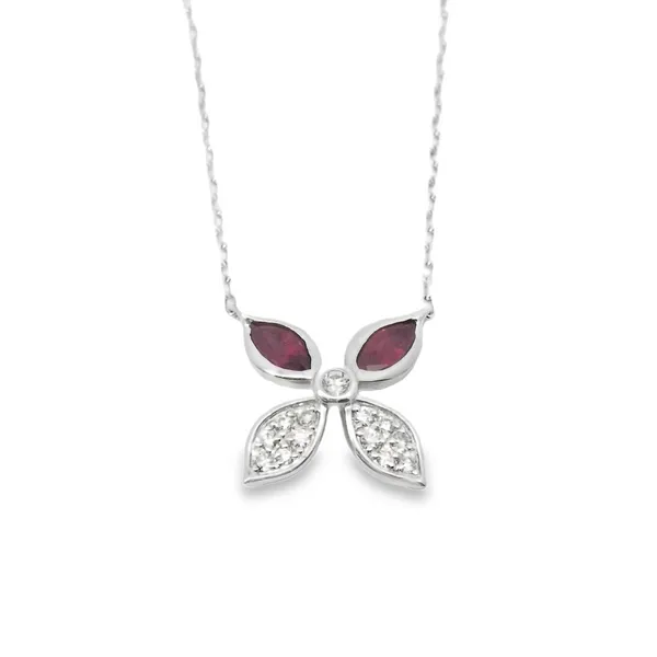 14K White Gold Ruby Flower Necklace With .10 Ct Twt. Diamonds Kevin's Fine Jewelry Totowa, NJ