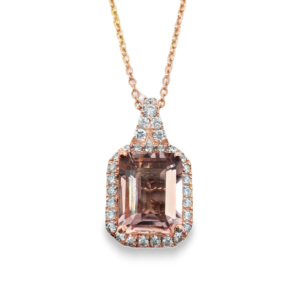 Effy 14 Karat Rose Gold Morganite Pendant Necklace with Diamonds Kevin's Fine Jewelry Totowa, NJ