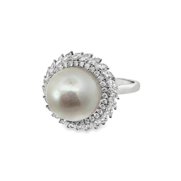 Effy 14 Karat White Gold Fresh Water Pearl Ring With Diamonds Image 2 Kevin's Fine Jewelry Totowa, NJ