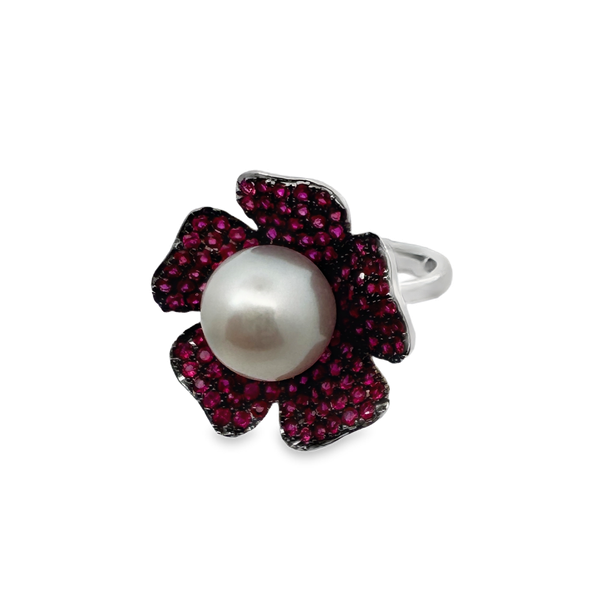 Effy 14 Karat White Gold Fresh Water Pearl & Ruby Ring Image 2 Kevin's Fine Jewelry Totowa, NJ