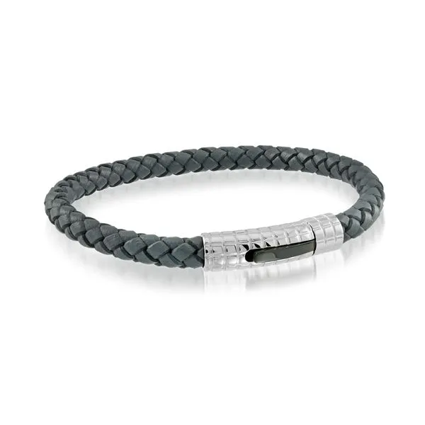 Stainless Steel Black IP Grey Leather Bracelet Kevin's Fine Jewelry Totowa, NJ