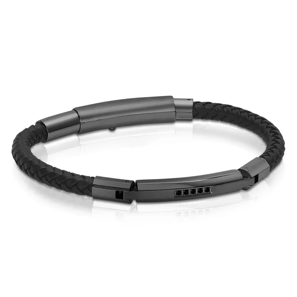 Gun-Ip -Stainless Steel Black-Cz Black-Leather Mens Adjustable Bracelet Kevin's Fine Jewelry Totowa, NJ