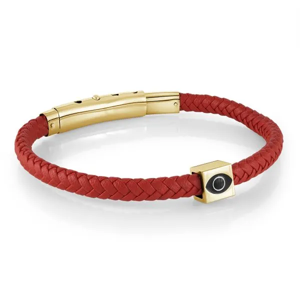 Gold IP Stainless Steel Cubic Eye, Red Leather Bracelet Kevin's Fine Jewelry Totowa, NJ