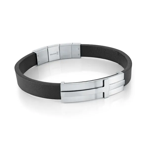 Stainless Steel Brushed Plate Raised Cross Black Leather Bracelet Kevin's Fine Jewelry Totowa, NJ