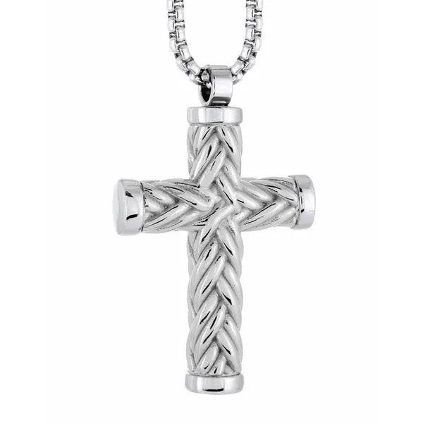 Stainless Steel Wave Design Cross Necklace With Round Box Chain Kevin's Fine Jewelry Totowa, NJ