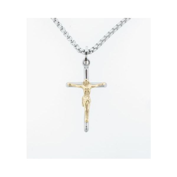 Stainless Steel And Gold Plated Crucifix On Gold Plated 22 Inch Round Box Chain Kevin's Fine Jewelry Totowa, NJ