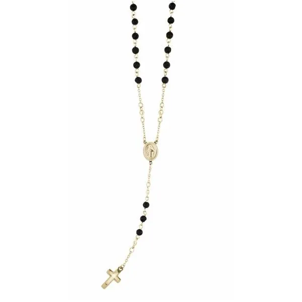 Stainless Steel Gold IP Black Lava Beads Rosary Necklace Kevin's Fine Jewelry Totowa, NJ