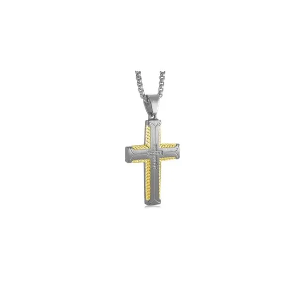 Stainless Steel Gold IP White CZ Etched Cross Necklace Kevin's Fine Jewelry Totowa, NJ