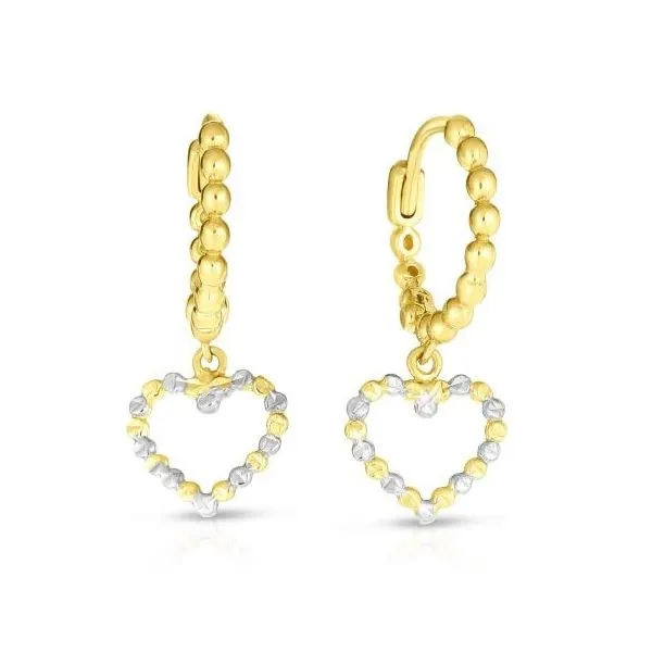 14K Yellow Gold Beaded Huggie Earrings With White Gold Dangle Heart Kevin's Fine Jewelry Totowa, NJ