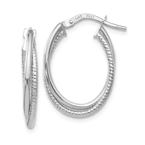 14K White Gold Textured Oval Hoop Earrings Kevin's Fine Jewelry Totowa, NJ