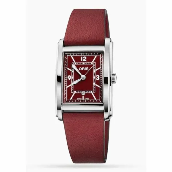 Oris Rectangular 25.5 X 38mm, Red Dial, Bordeaux Leather Strap Kevin's Fine Jewelry Totowa, NJ