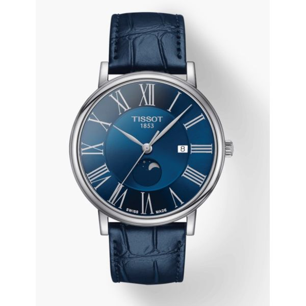 Tissot Carson Moon Dial Blue Roman Dial Watch With Blue Leather Strap Kevin's Fine Jewelry Totowa, NJ