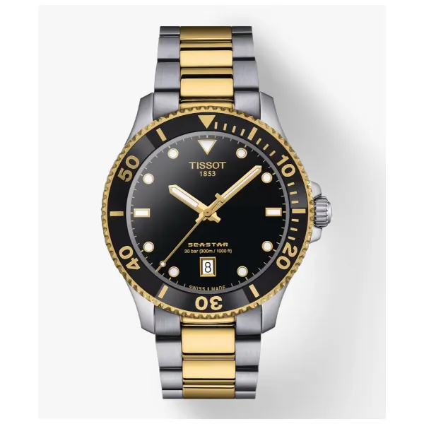 Tissot Seastar Quartz Black Dial, Two Tone Steel Bracelet Kevin's Fine Jewelry Totowa, NJ