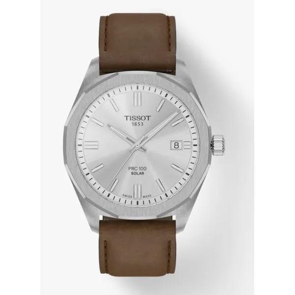 Tissot PRC100 Solar Grey Dial Brown Leather Strap Kevin's Fine Jewelry Totowa, NJ