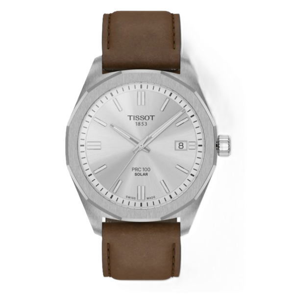 Tissot PRC100 Solar Grey Dial Brown Leather Strap Kevin's Fine Jewelry Totowa, NJ